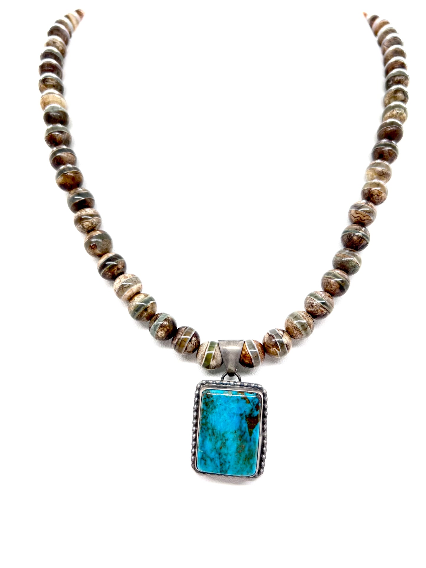 Petunia with Dzi Agate and Royston Turquoise Pendant
