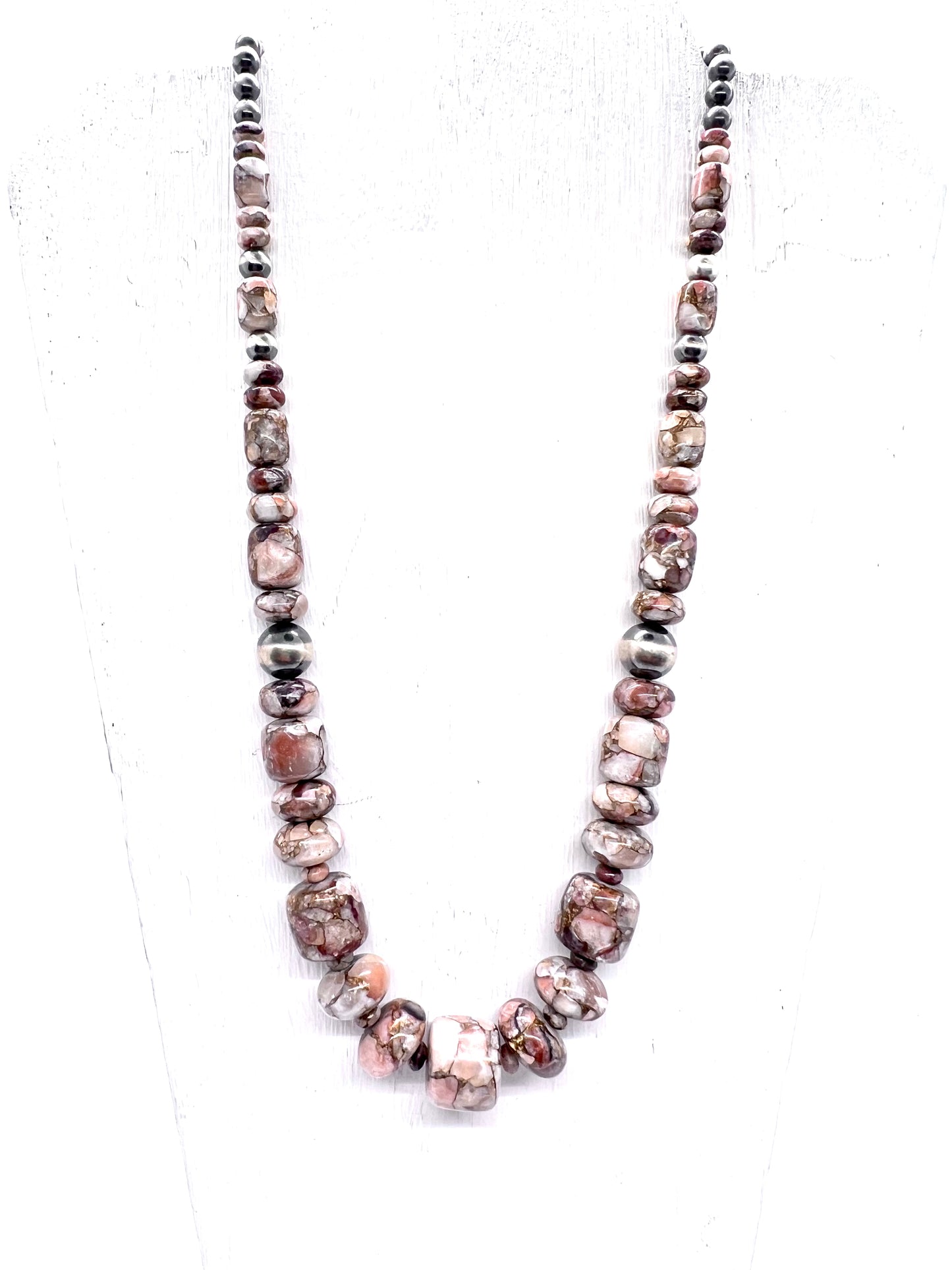 Petunia with Red Calcite and Navajo Pearls and a Pair of Penny earrings