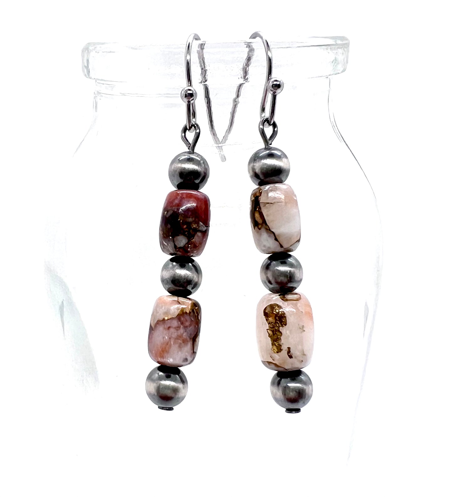 Petunia with Red Calcite and Navajo Pearls and a Pair of Penny earrings