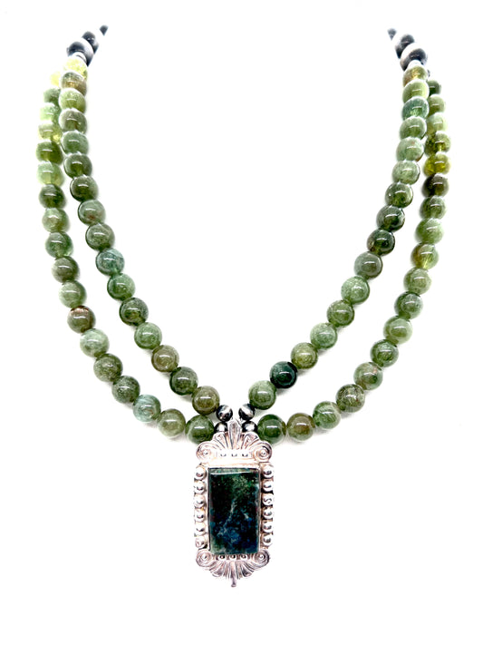 Bailey with Green Apatite, Navajo Pearls and a Vintage Pendant