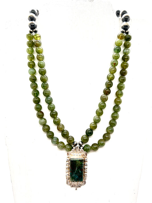 Bailey with Green Apatite, Navajo Pearls and a Vintage Pendant
